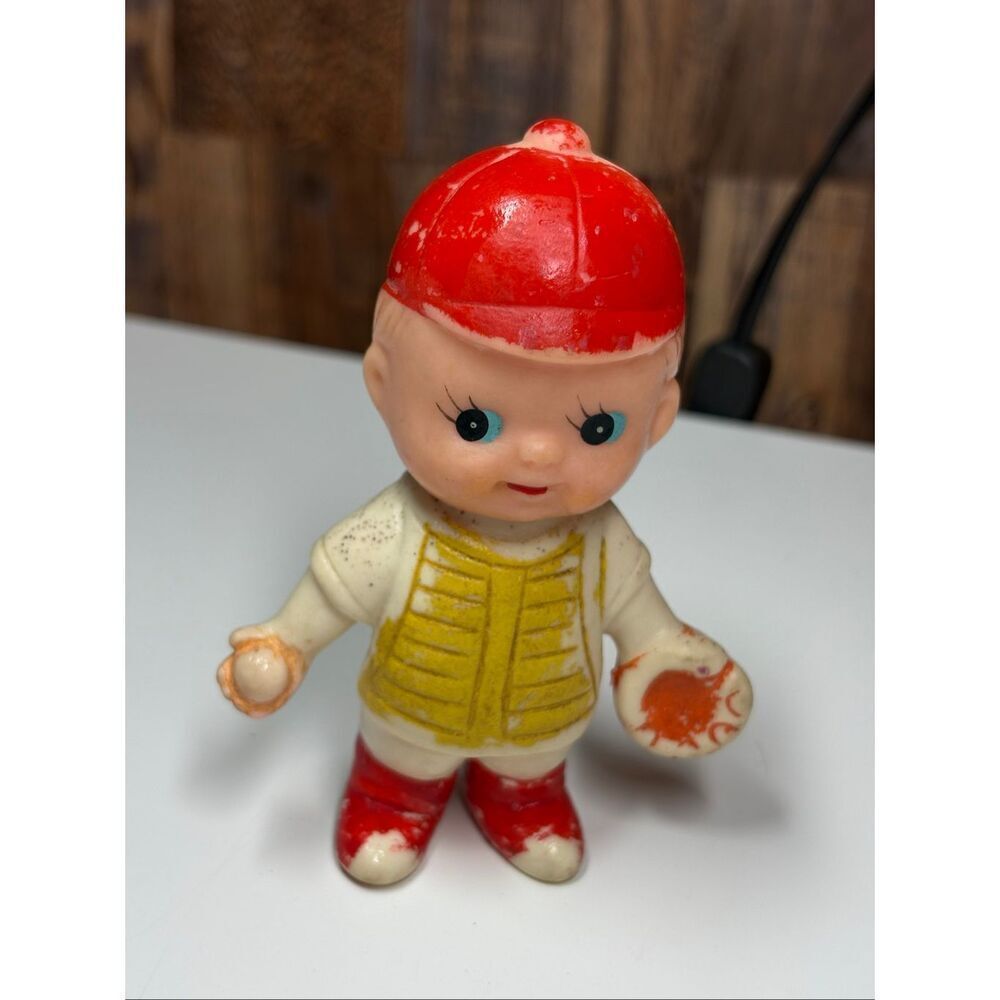 Vintage Baseball Boy Squeak Toy Figurine Red Hat Japan Kewpie